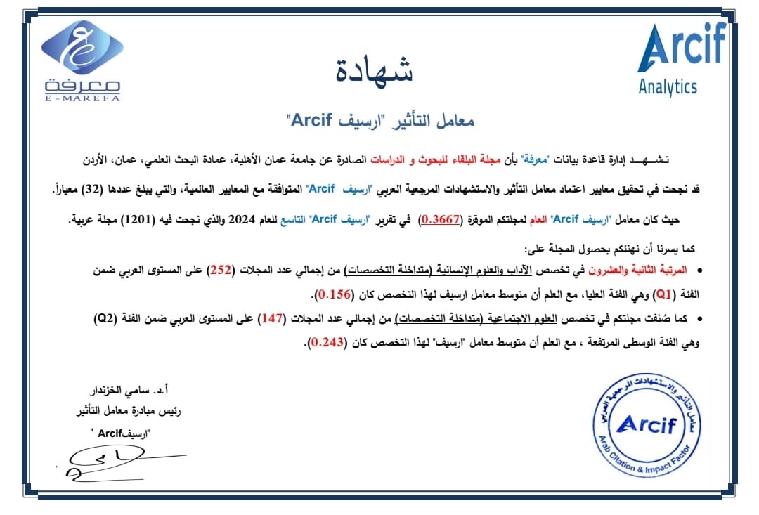 مجلة البلقاء في عمان الأهلية ضمن الفئة الأولى (Q1) بتخصصات الآداب والعلوم الإنسانية عربياً وفق تصنيف &Quot;أرسيف&Quot; 2024 | خارج...